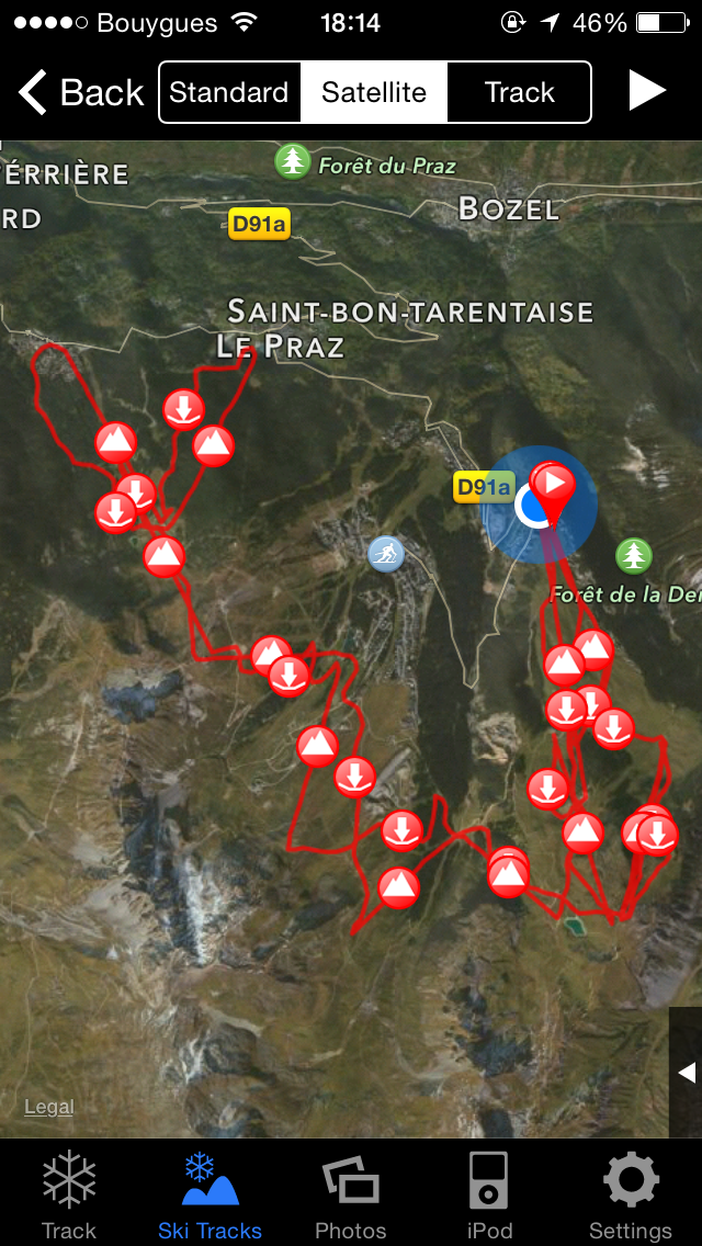Summary of a day skiing with Ski Tracks (map view)